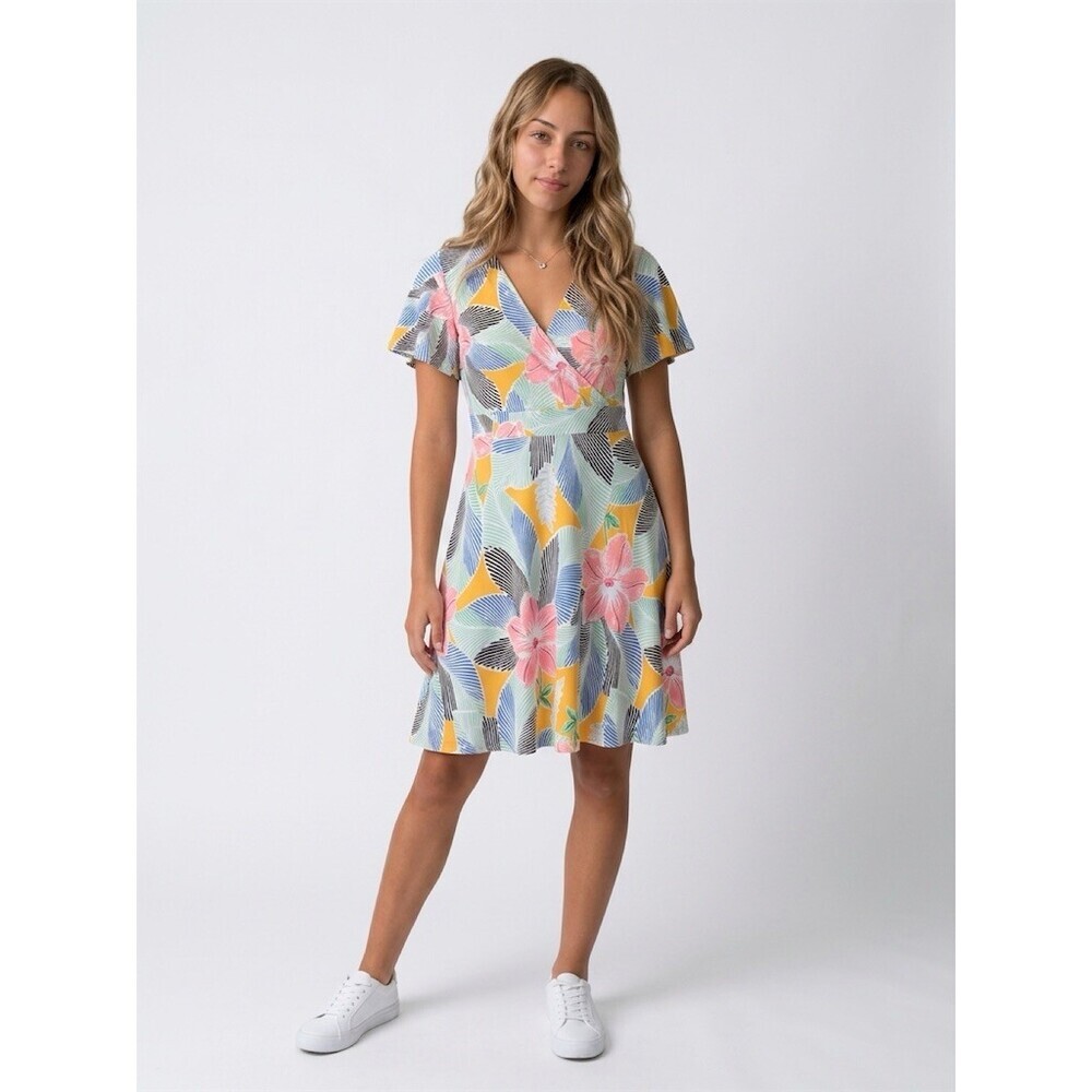 Ann Taylor Factory Dress Womens M Tropical Floral Leaf Faux Wrap Fit & - Picture 8 of 8